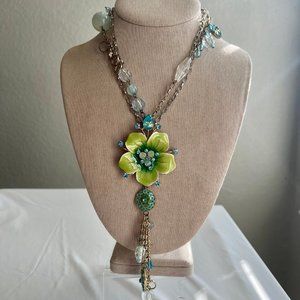 Aqua Tropical Flower Blue Green Lucite Enamel Statement Costume Necklace